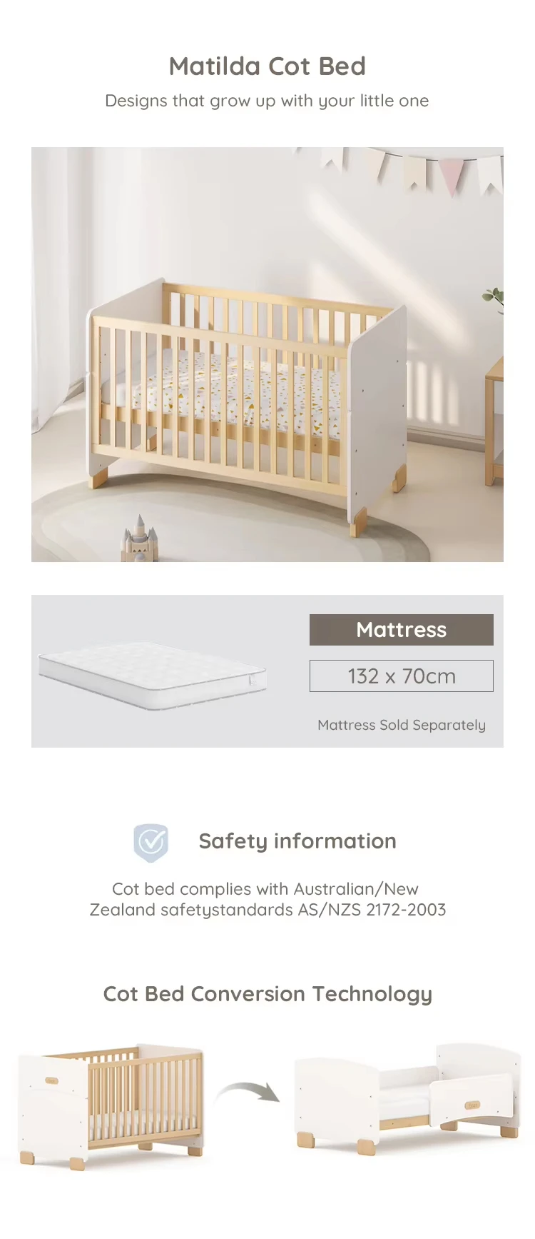 Product diagram of a convertible cot bed labelling the natural timber components, engineered wood end panels and LVL base slats, with overall dimensions of 138.7 by 79.4 by 88 centimeters Product diagram of a convertible cot bed labelling the natural timber components, engineered wood end panels and LVL base slats, with overall dimensions of 138.7 by 79.4 by 88 centimeters