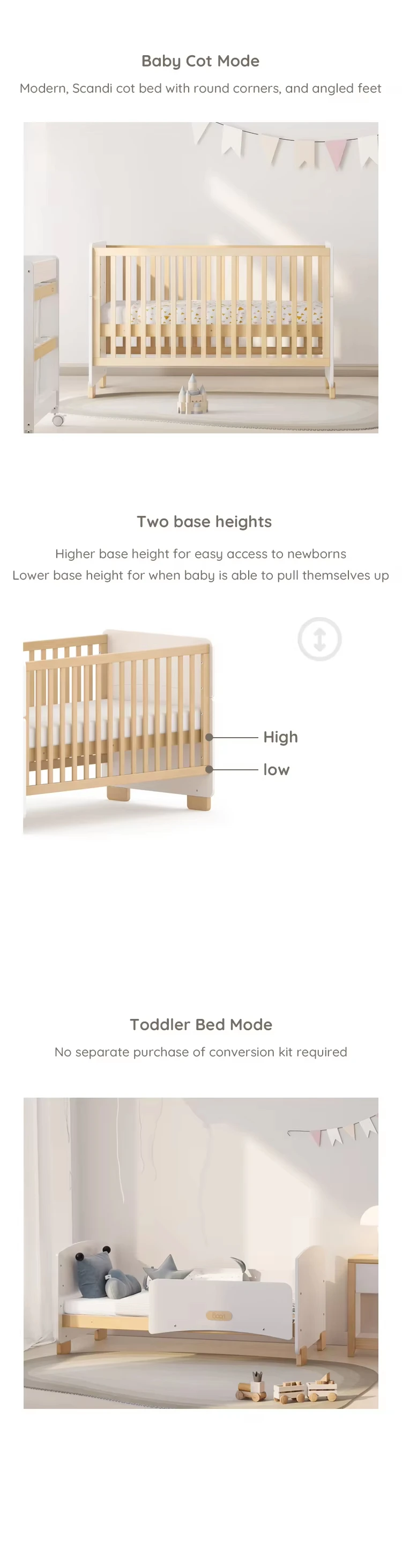 Convertible cot bed in toddler bed mode with a low guard panel, soft toys on the bed and a wooden toy train on the rug Convertible cot bed in toddler bed mode with a low guard panel, soft toys on the bed and a wooden toy train on the rug