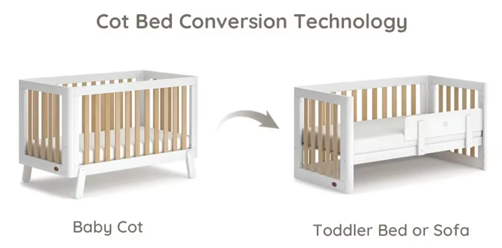 Side-by-side diagram of a white wooden cot in baby cot form and the same frame converted into a toddler bed or sofa with a guard panel Side-by-side diagram of a white wooden cot in baby cot form and the same frame converted into a toddler bed or sofa with a guard panel